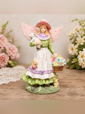 🧚‍♀️ Spring Garden Angel Figurine with Lamb, Bunny & Flower Basket